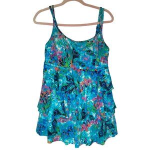 Inches Away Womens Size 12 Blue Tropical Tiered Swimsuit Dress Built-In Padded C